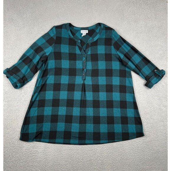 Catherines Women's Top Blouse 0X 14/16W Teal Black 3/4 Roll Tab Pullover - Picture 1 of 10